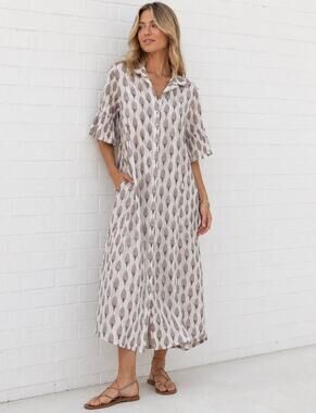 New! Marigold $95 Block Print Cotton Button Front Ruffle Sleeve Maxi Dress LG
